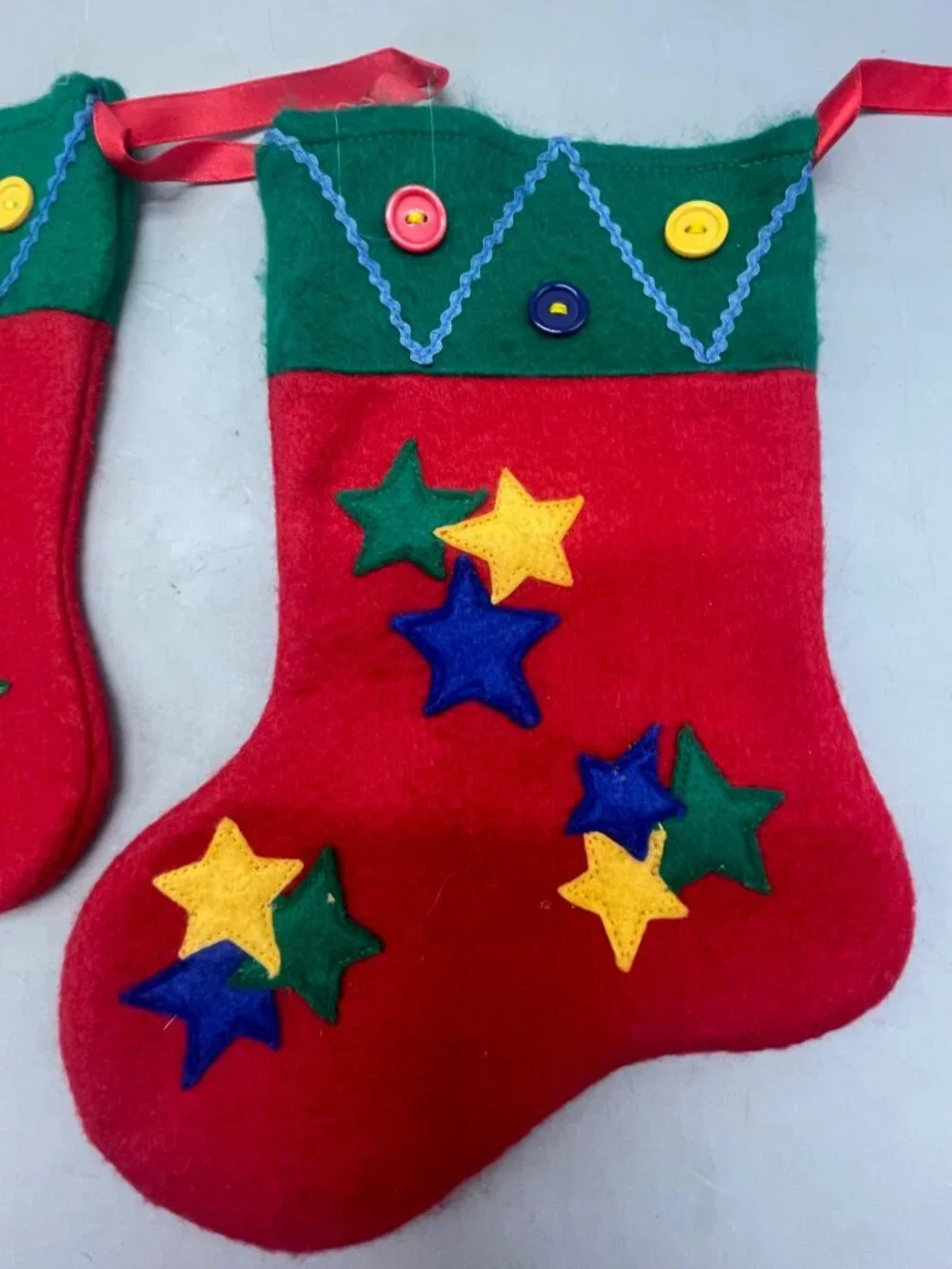 set of 2 Christmas stocking red green stars button felt 10